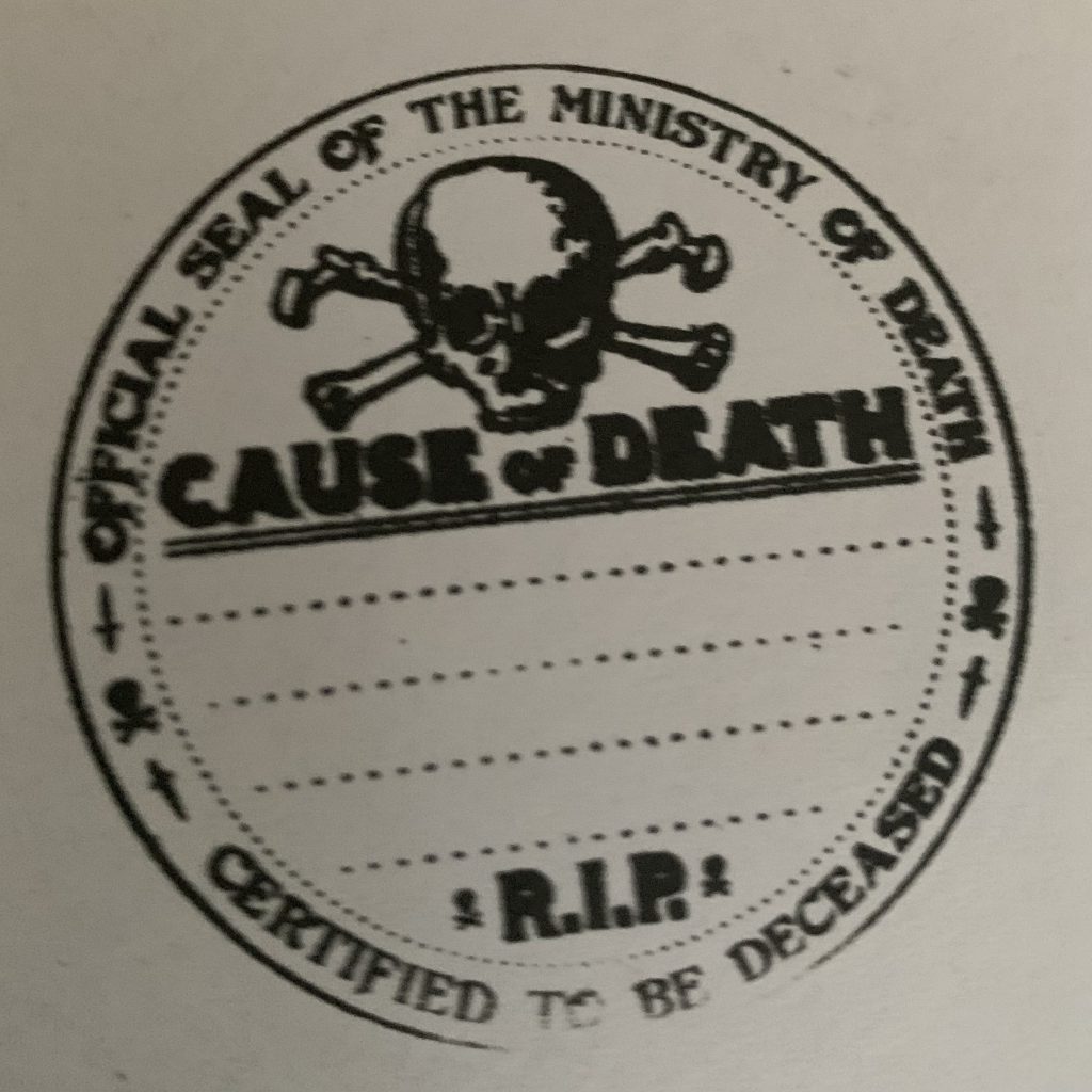 Stamp entitled "Official Seal of the Ministry of Death" 